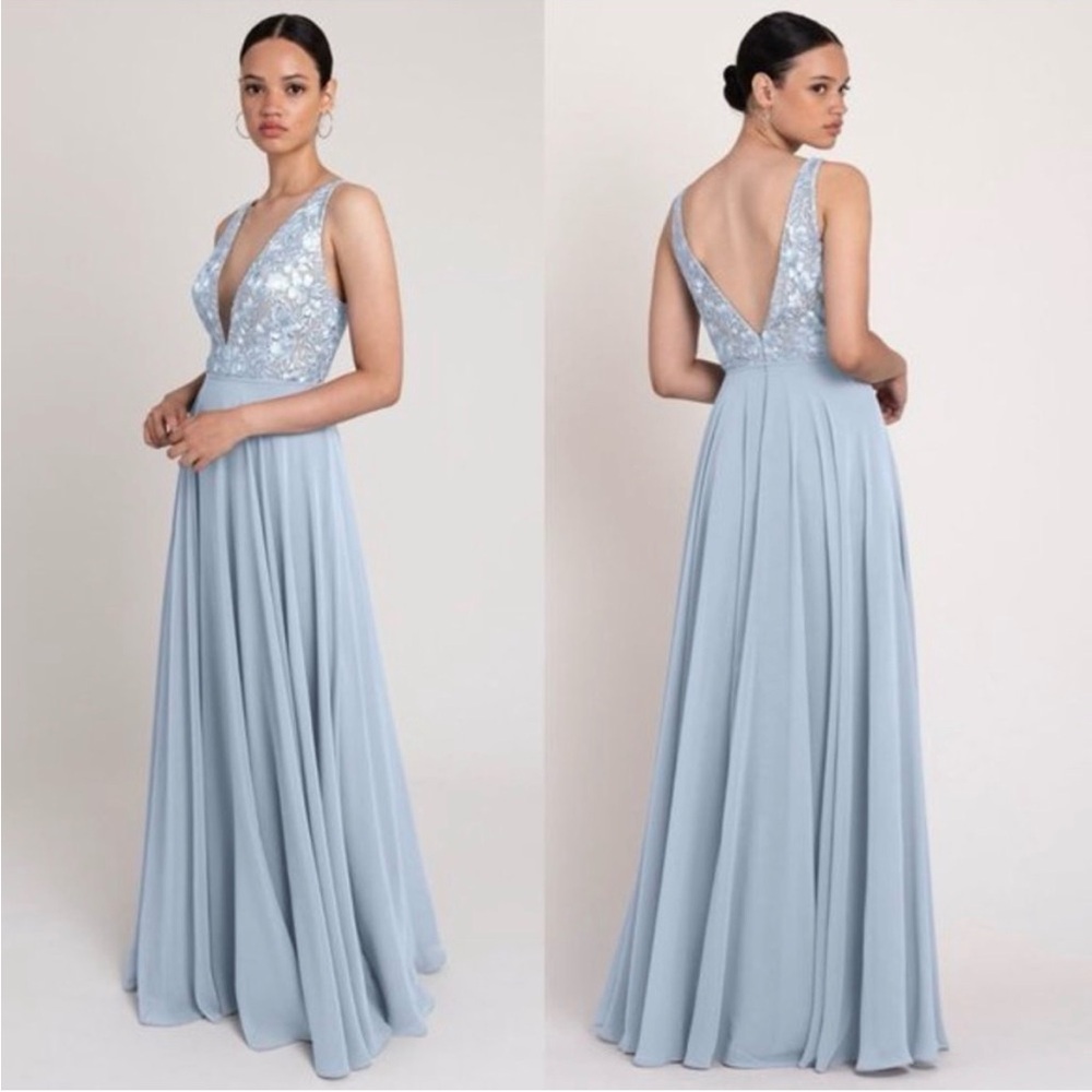 Jenny Yoo Kingsley Elegant Light Blue V-Neck Evening Dress